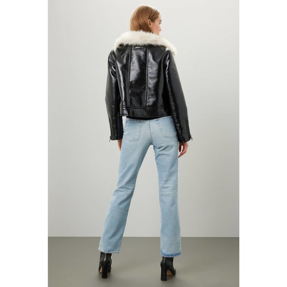 Unreal Fur Black Vegan Patent Leather Wet Look Aviator Jacket - Picture 5 of 7